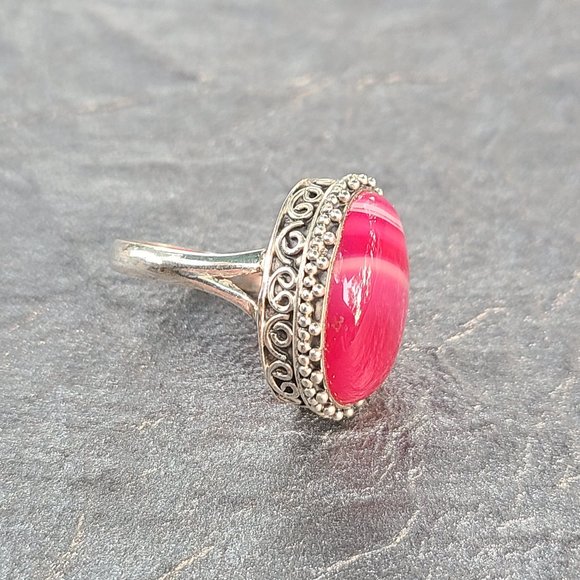 Pink Agate Ring Size 9  1/ 2 Sterling Silver-Chunky Ring - Picture 3 of 5